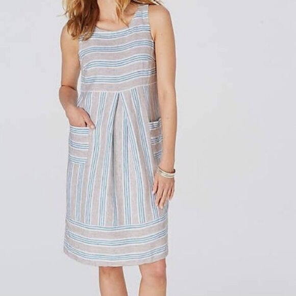 J.JILL 100% LINEN STRIPE TANK DRESS POCKETS M PETITE Luxury Sustainable Capsule - Picture 1 of 9